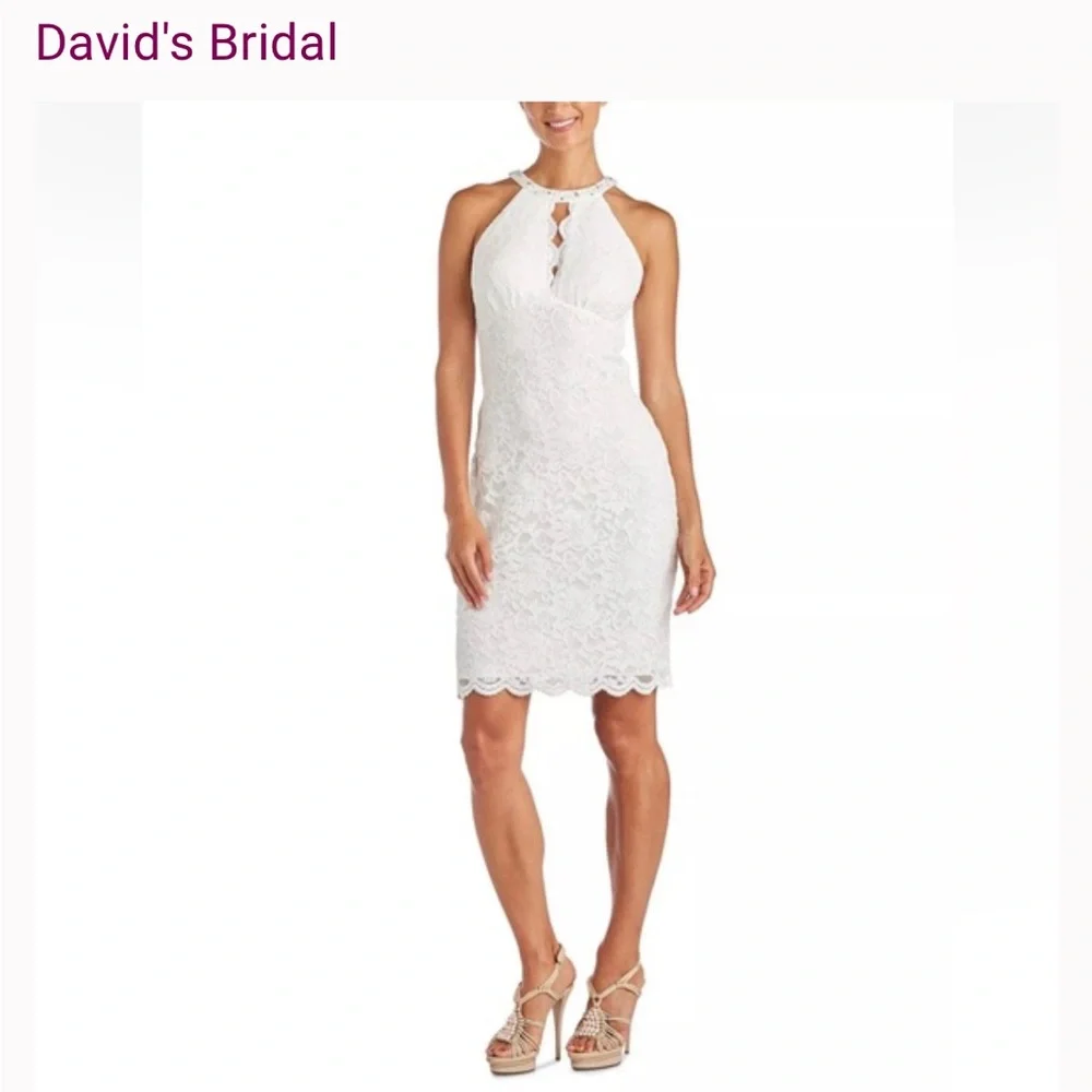 NWT David's Bridal White Lace Embellished Keyhole Sheath Halter Dress wedding - Picture 6 of 11